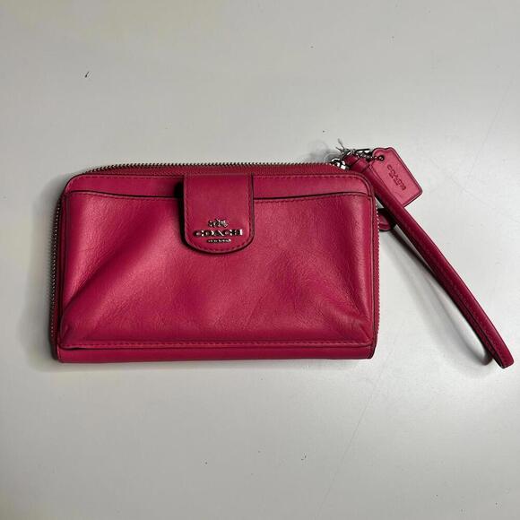 Coach New York Leather Wristlet Wallet Pink Zip Around Clutch Purse With Strap - Picture 1 of 10
